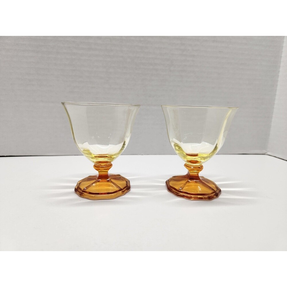Pair Of Uranium Glass Optic Juice Glasses Green Cup Amber Foot